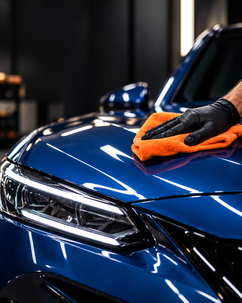 Cuidado de un auto azul con una microfibra naranja