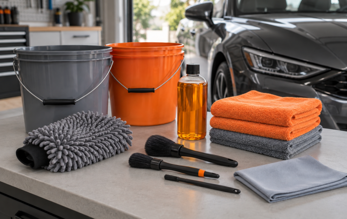Kit ordenado con baldes, microfibras, guante y cepillos de detailing