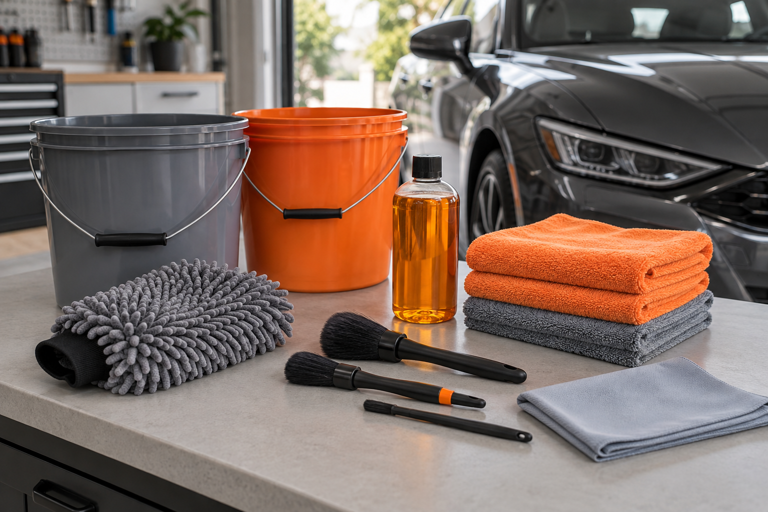Kit ordenado con baldes, microfibras, guante y cepillos de detailing