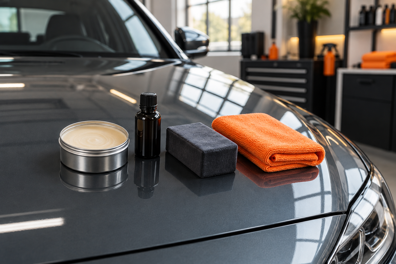 Cera, frasco de protección, aplicador y microfibra junto a un auto