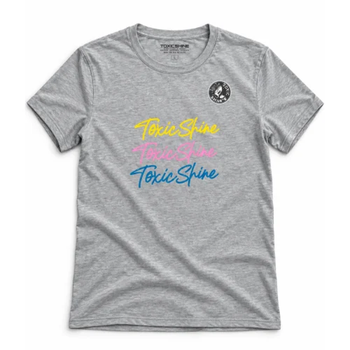 TOXIC SHINE – INDUMENTARIA – REMERA GRIS C/ESTAMPA - LETRAS COLORES - TALLE XS